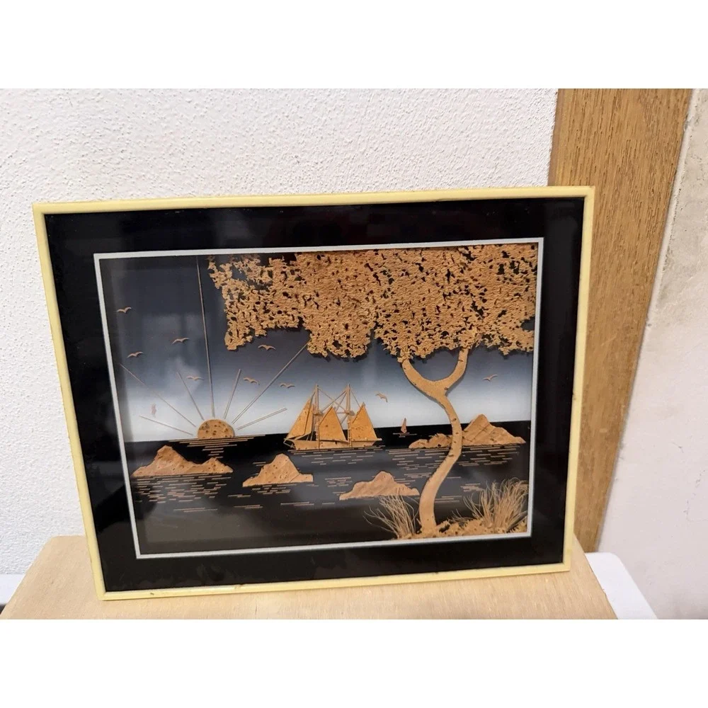 Carved Cork Asian Scene Framed Artwork Birds, Tree, Sailboat, Water